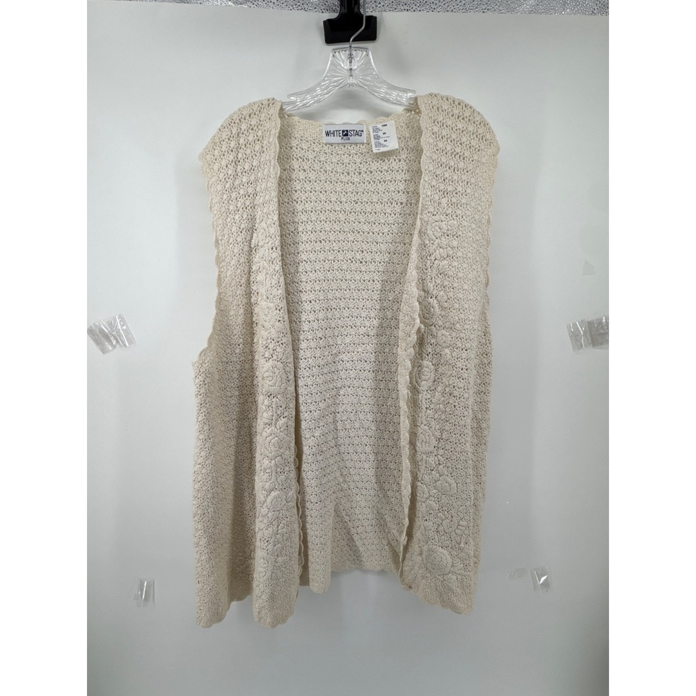 White Stag Plus Womens 18W Cream Crochet Floral Knit Button Front Cardigan Vest
